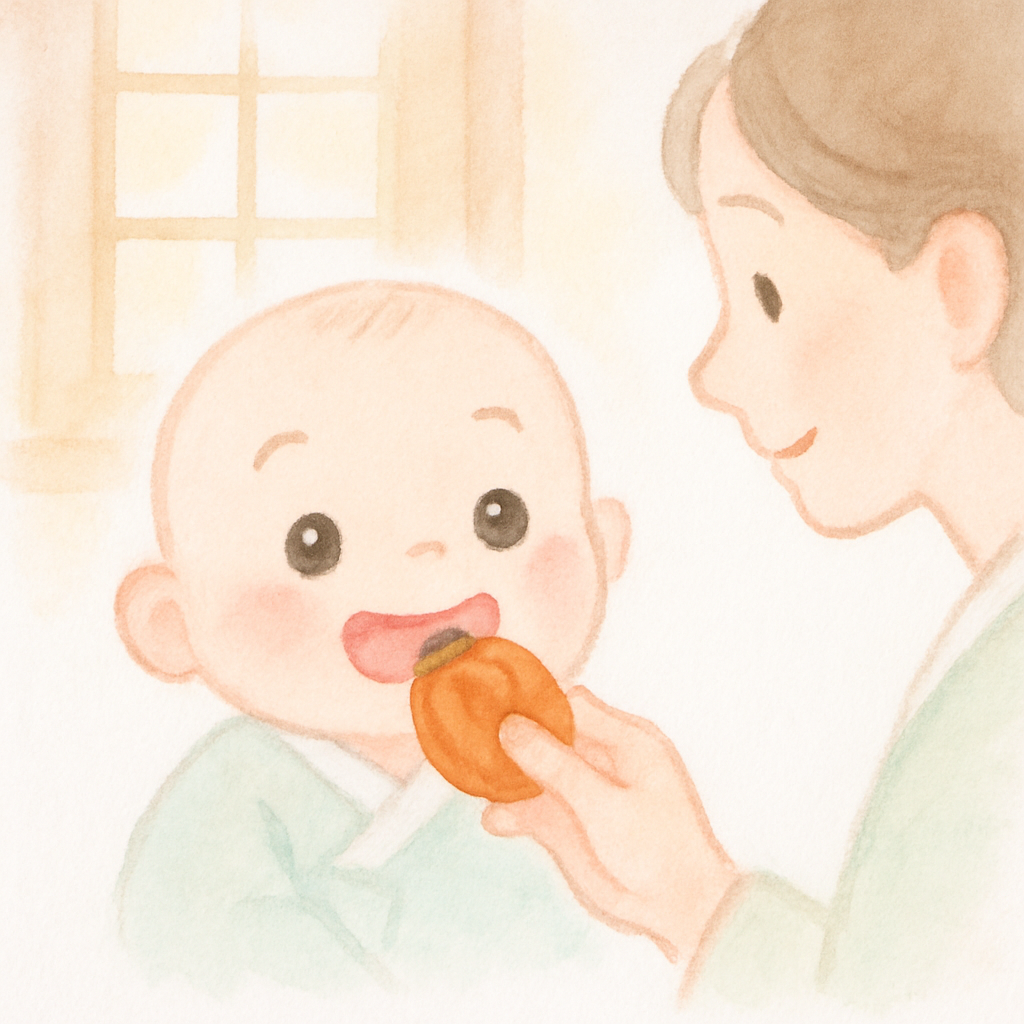 아기가 곶감을 받아 행복하게 웃으며 먹음